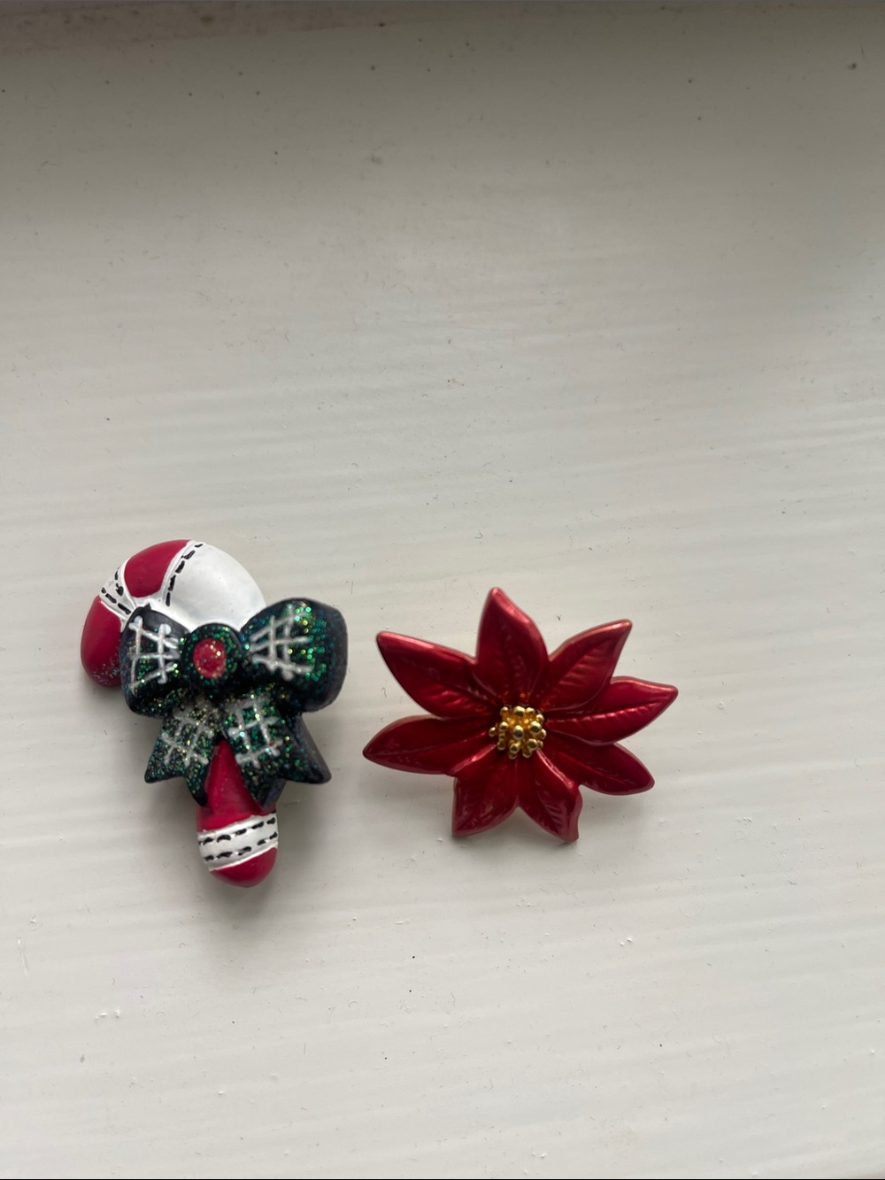 THREE Festive brooch set Red Poinsettia, Holiday Wreath and Candy Cane